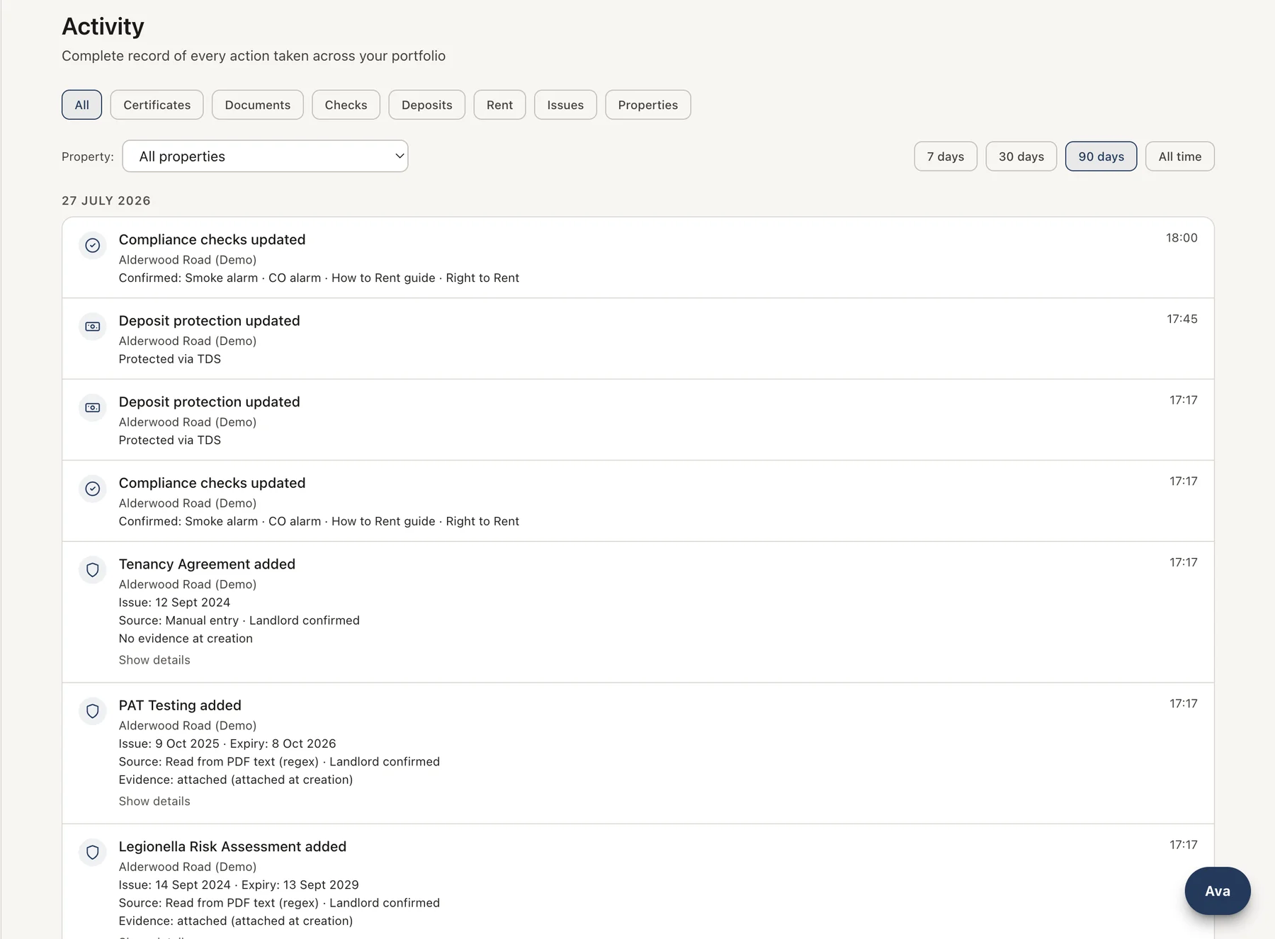 LLCR activity log listing every action taken across a portfolio with timestamps, including compliance checks, deposit protection updates, and certificates added, each showing its source and whether evidence was attached