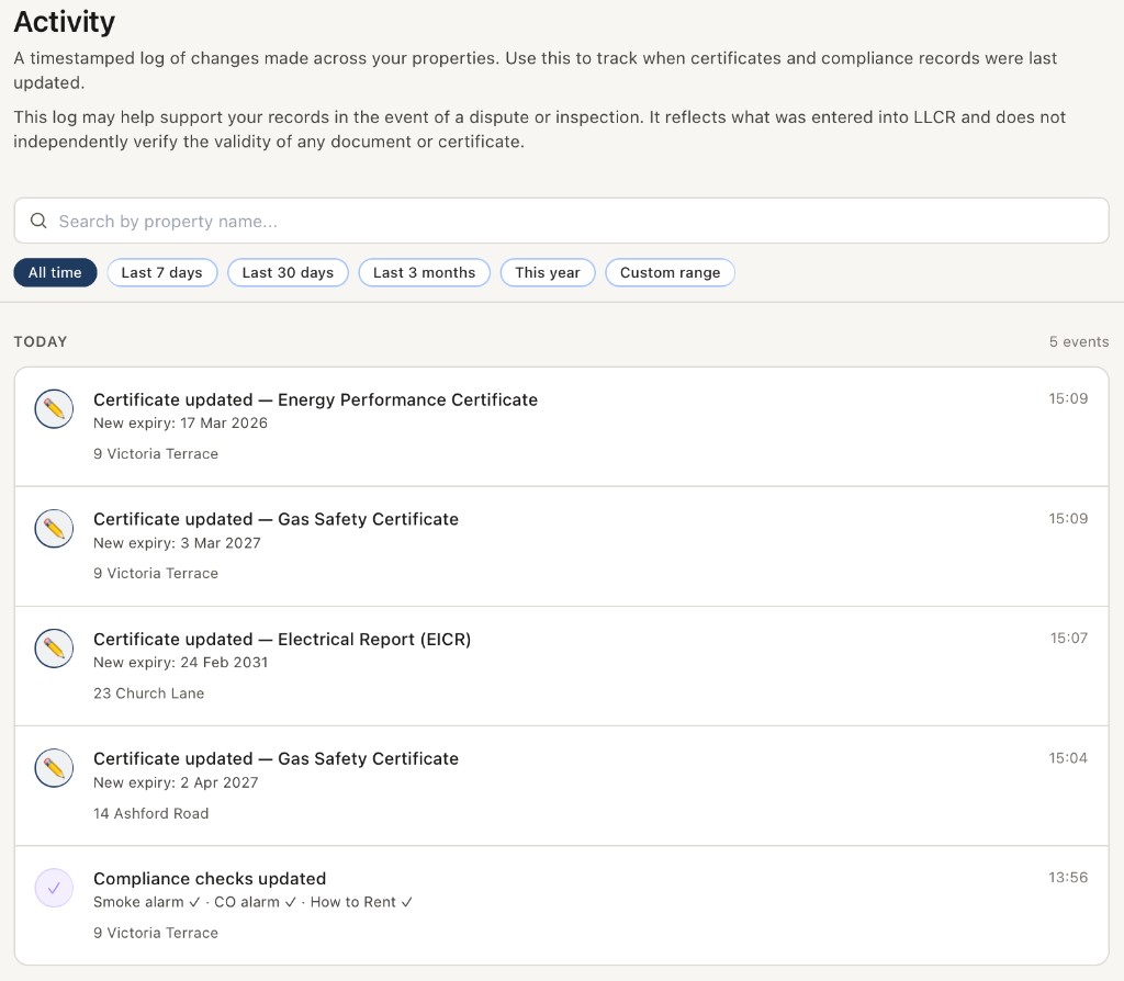 LLCR activity page showing a timestamped log of certificate updates and compliance changes
