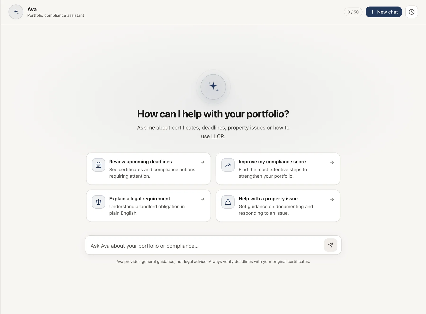LLCR Ava AI assistant welcome screen with suggested prompts for reviewing deadlines, improving a compliance score, explaining a legal requirement, and handling a property issue
