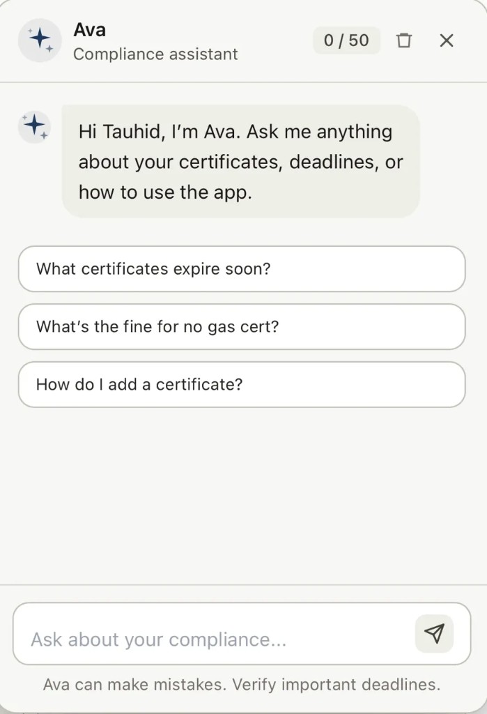 LLCR Ava compliance assistant chat showing quick prompts for certificate expiry, gas safety fines, and how to add a certificate