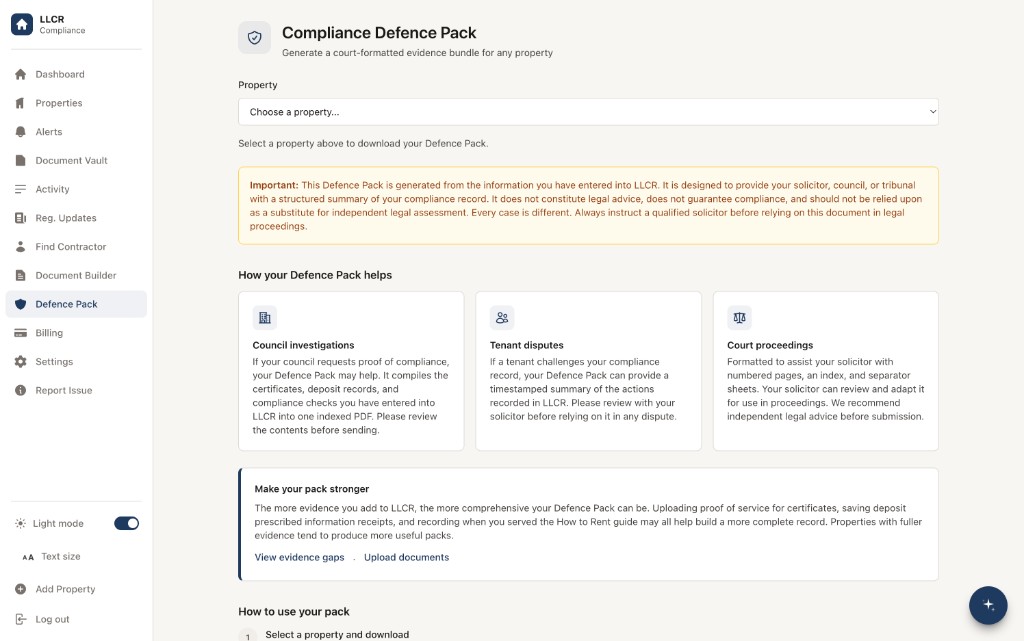 LLCR Compliance Defence Pack page showing property selector and how the pack helps for council investigations, tenant disputes, and court proceedings