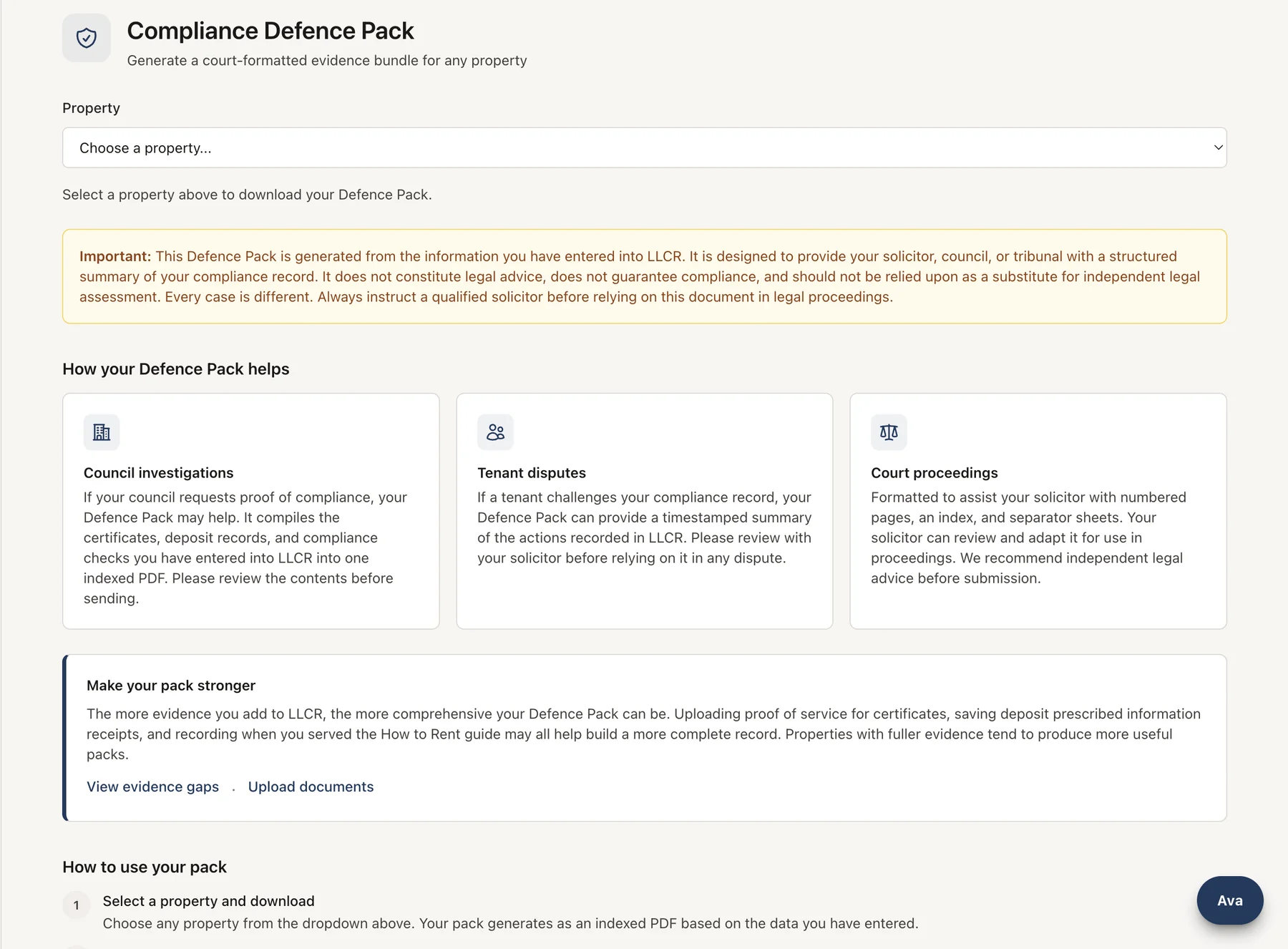 LLCR Compliance Defence Pack page with a property selector and cards explaining how the pack helps with council investigations, tenant disputes, and court proceedings