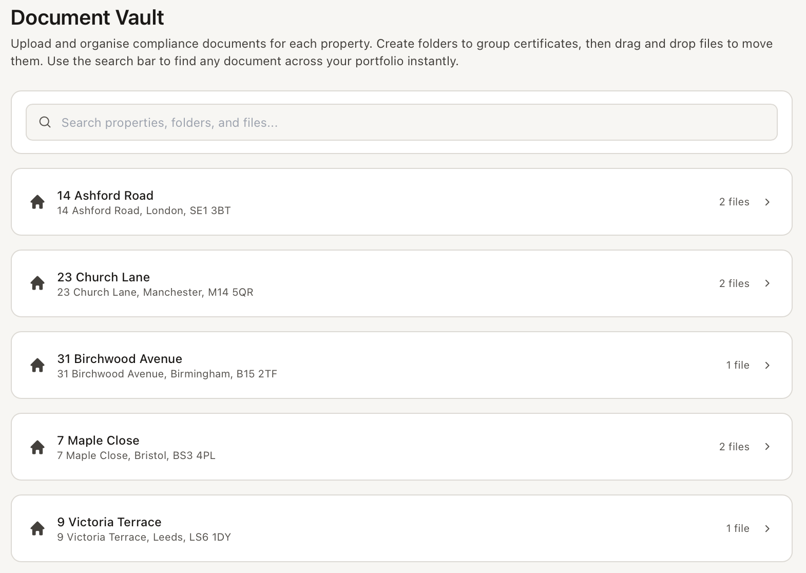LLCR document vault showing compliance documents organised by property