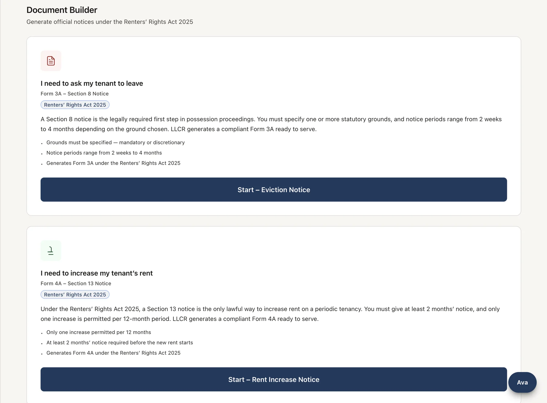 LLCR Notice Builder showing the Form 3A Section 8 possession notice and Form 4A Section 13 rent increase notice, each generated under the Renters' Rights Act 2025
