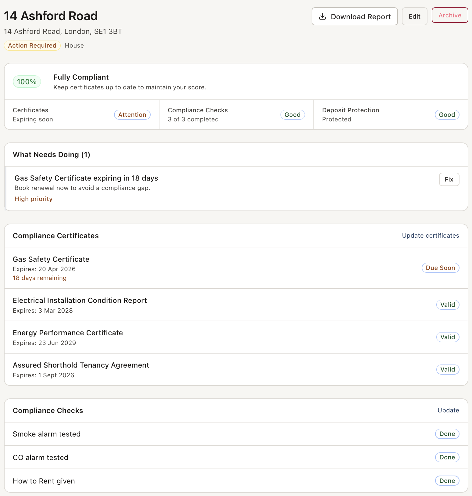 LLCR single property page for 14 Ashford Road showing Gas Safety Certificate due soon in 18 days