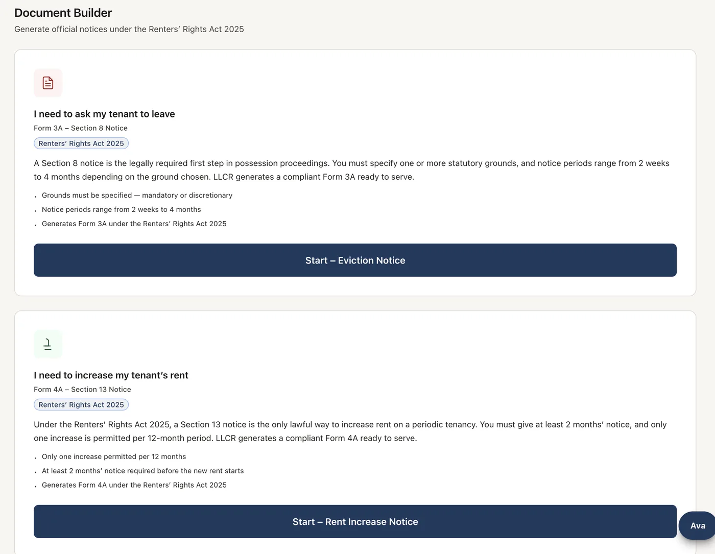 LLCR Document Builder offering a Form 3A Section 8 notice and a Form 4A Section 13 rent increase notice